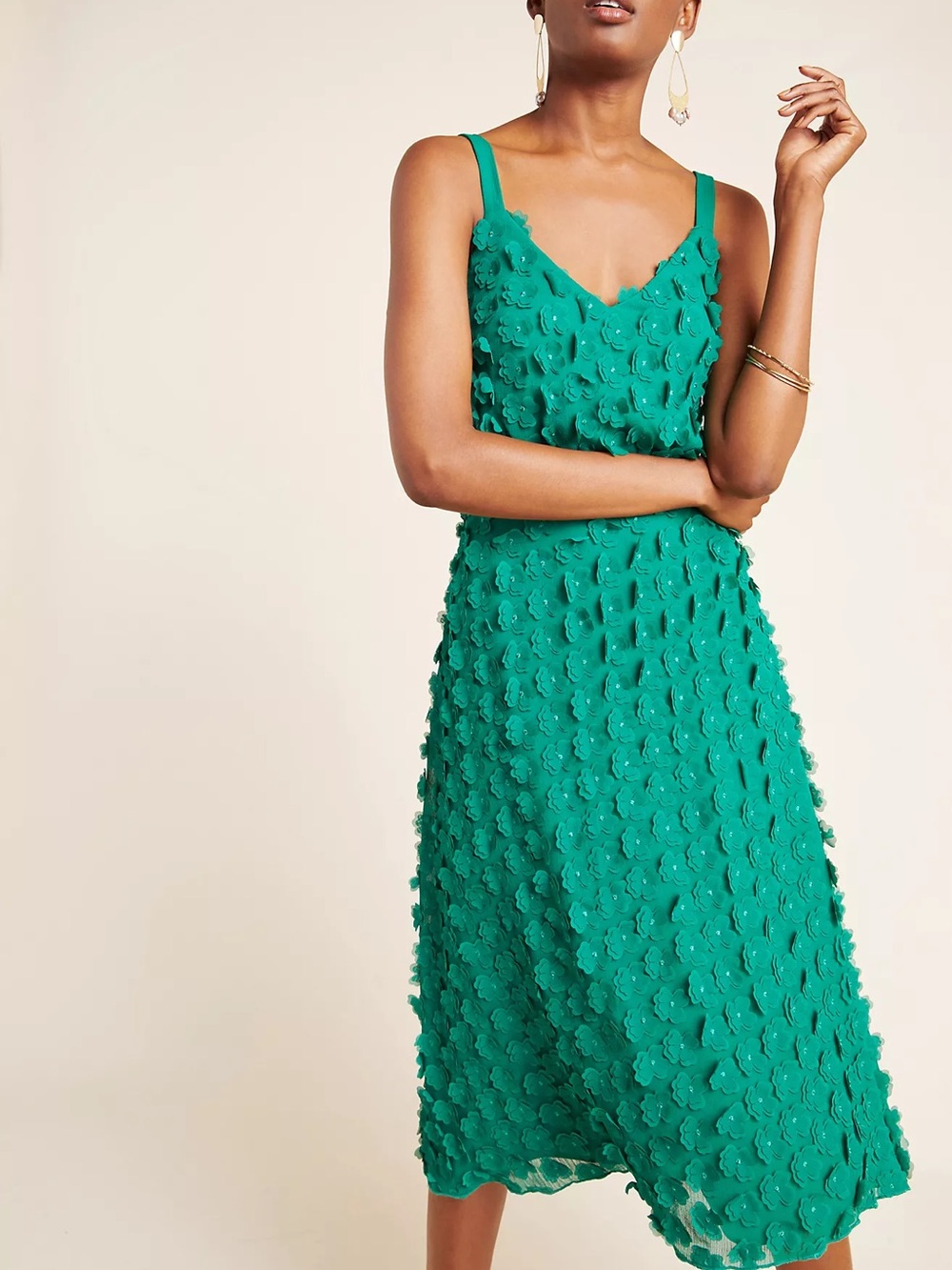 Eva Franco x Anthropologie Teal Green Floral Appliqué Midi Dress
